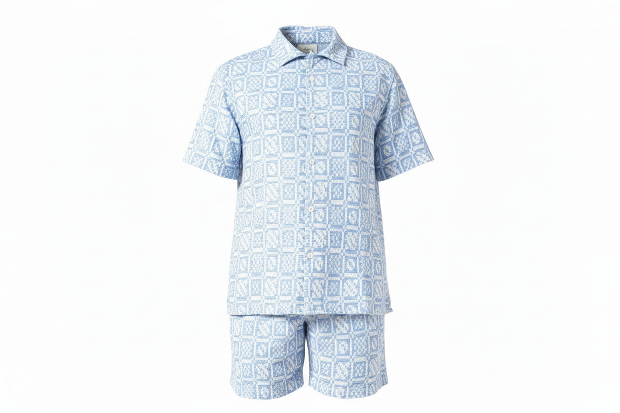 Wax London Blue Geo Dobby Didcot Shirt Size M