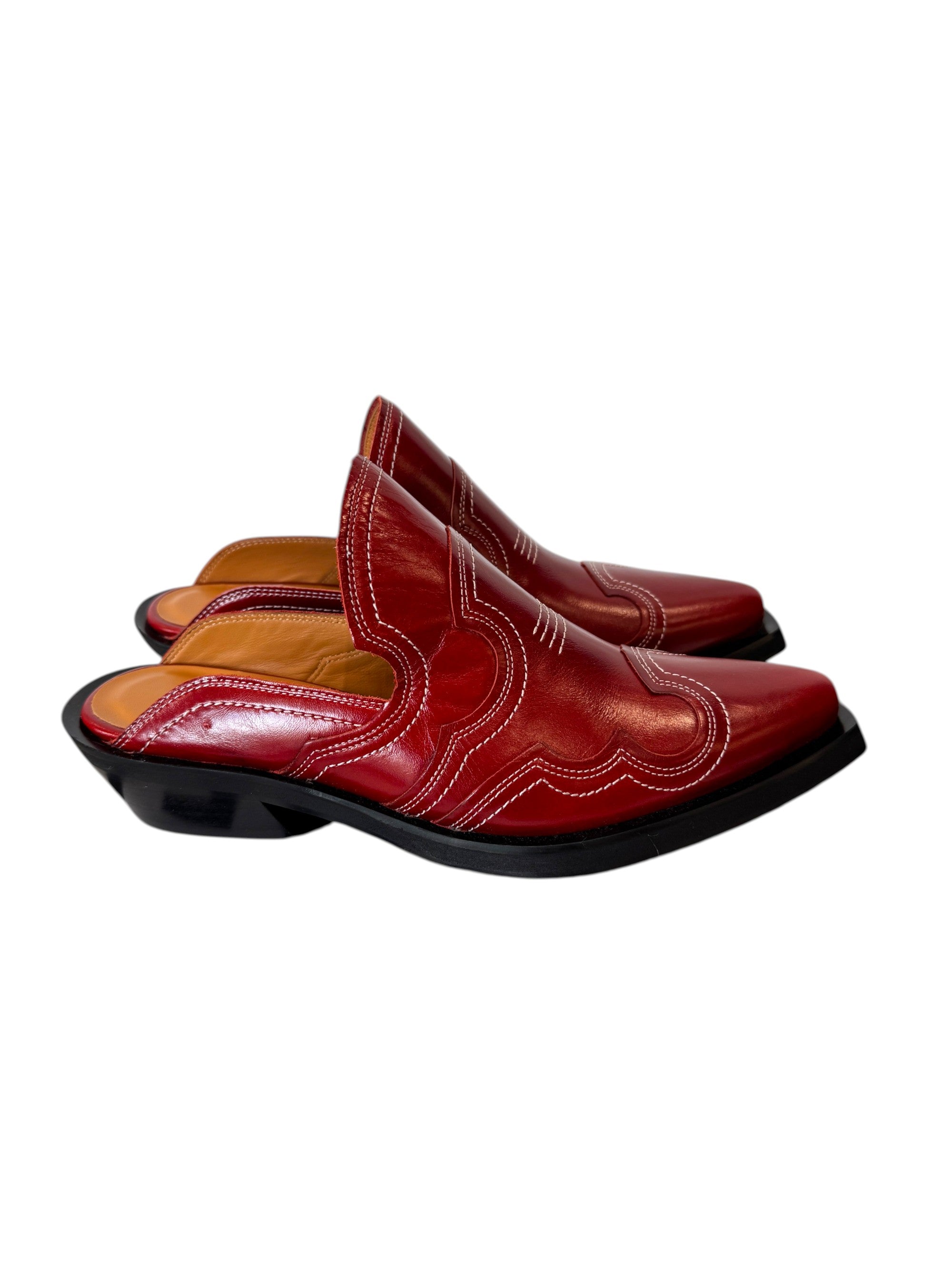 Ganni Western Emroidered Mules in Red Size 7 UK