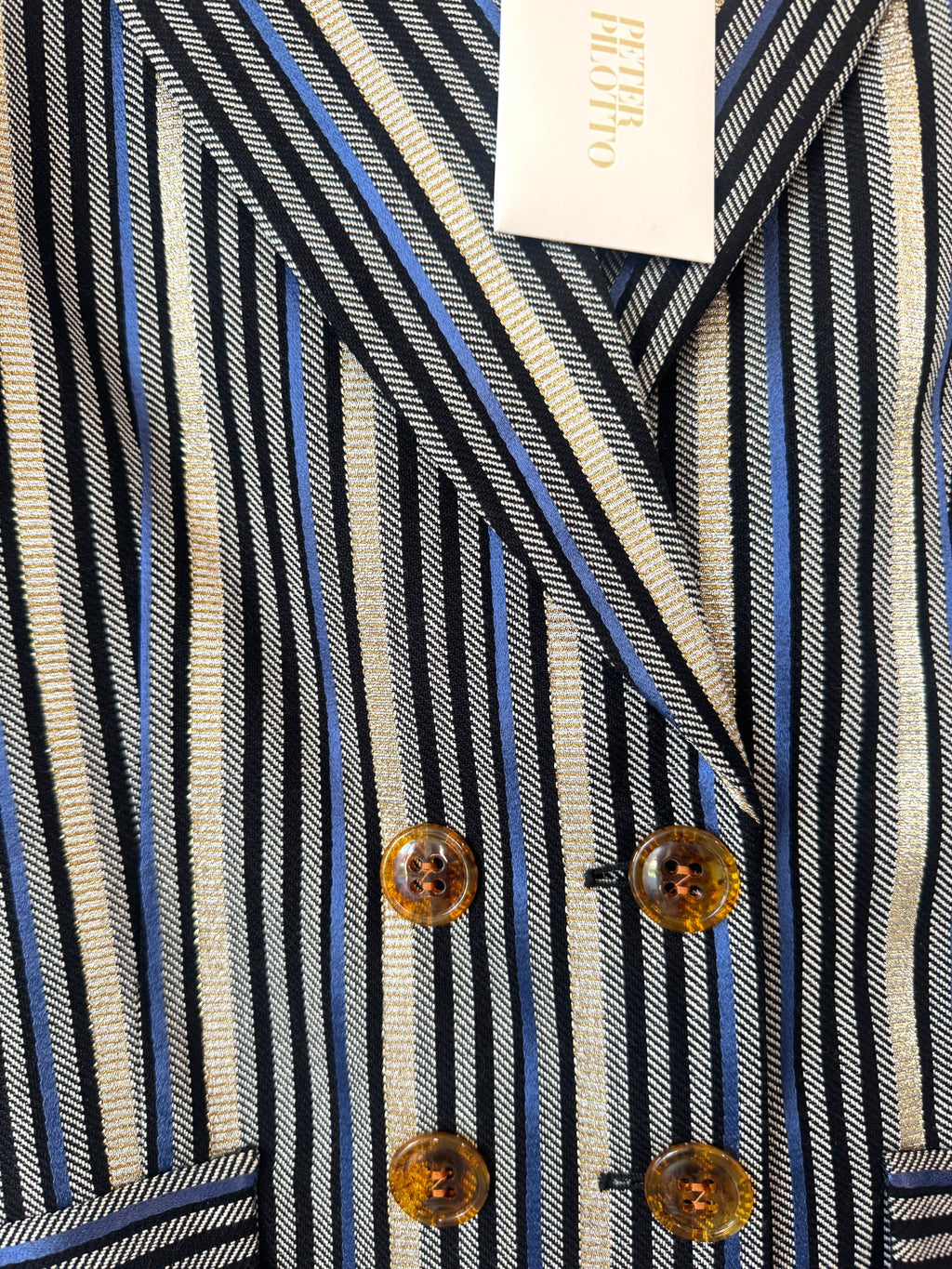 Peter Pilotto Blue Metallic Striped Double Breasted Blazer Size 8 UK