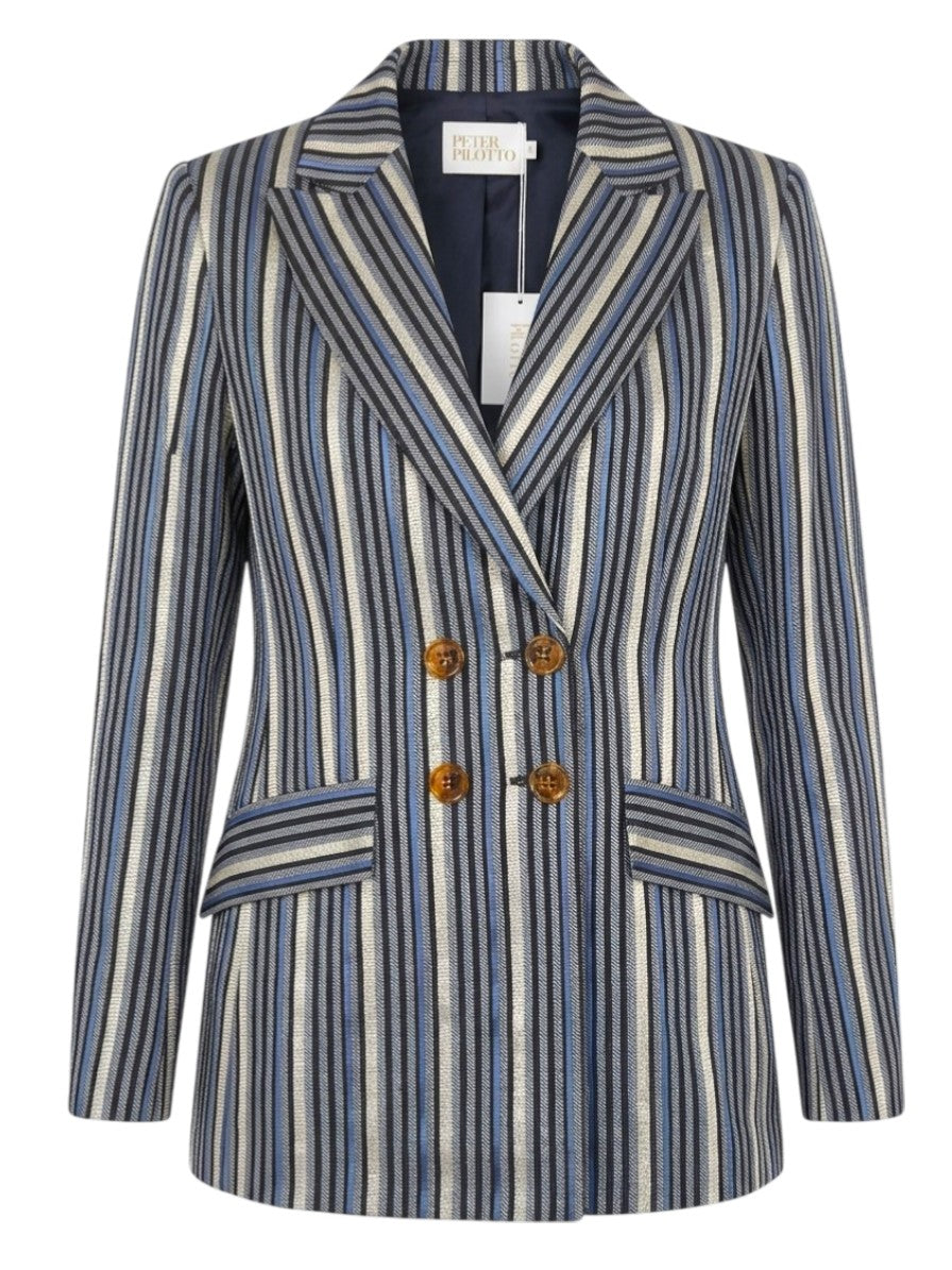 Peter Pilotto Blue Metallic Striped Double Breasted Blazer Size 8 UK