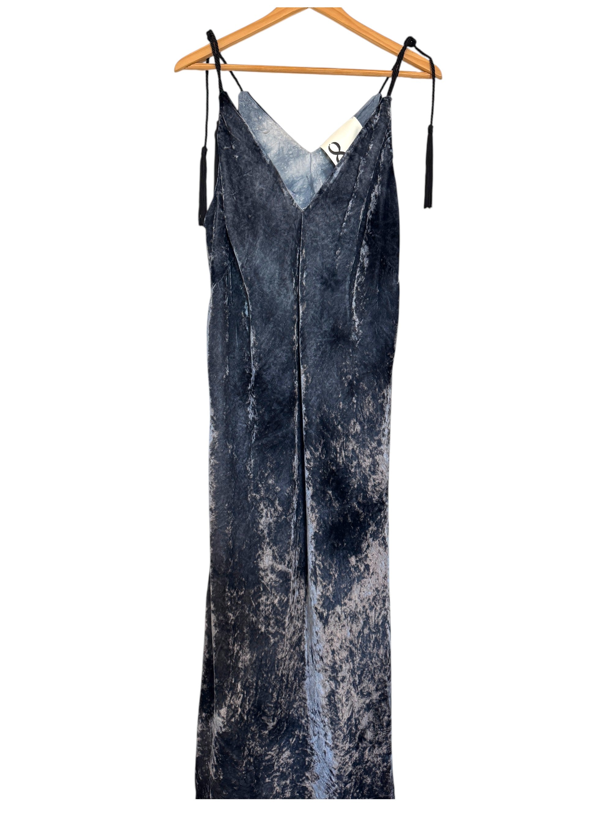 8PM Midi-Length Slip Dress Navy Blue Crushed Velvet Size M