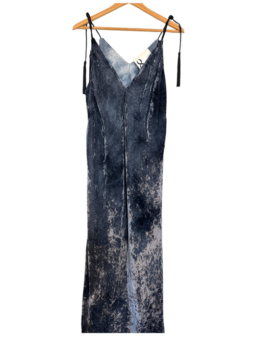 8PM Midi-Length Slip Dress Navy Blue Crushed Velvet Size M