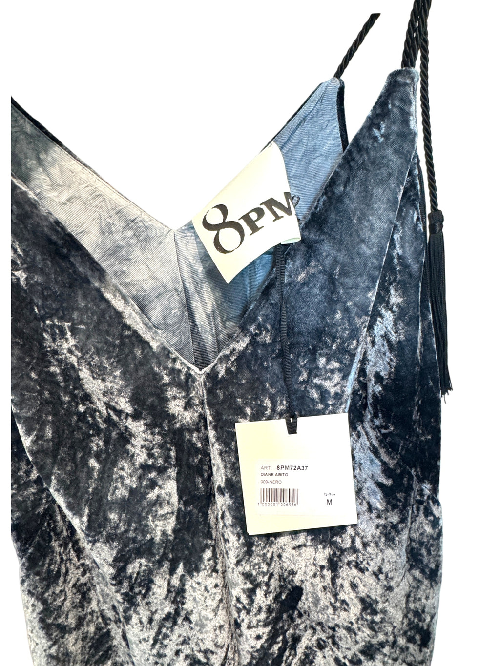 8PM Midi-Length Slip Dress Navy Blue Crushed Velvet Size M