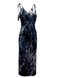 8PM Midi-Length Slip Dress Navy Blue Crushed Velvet Size M