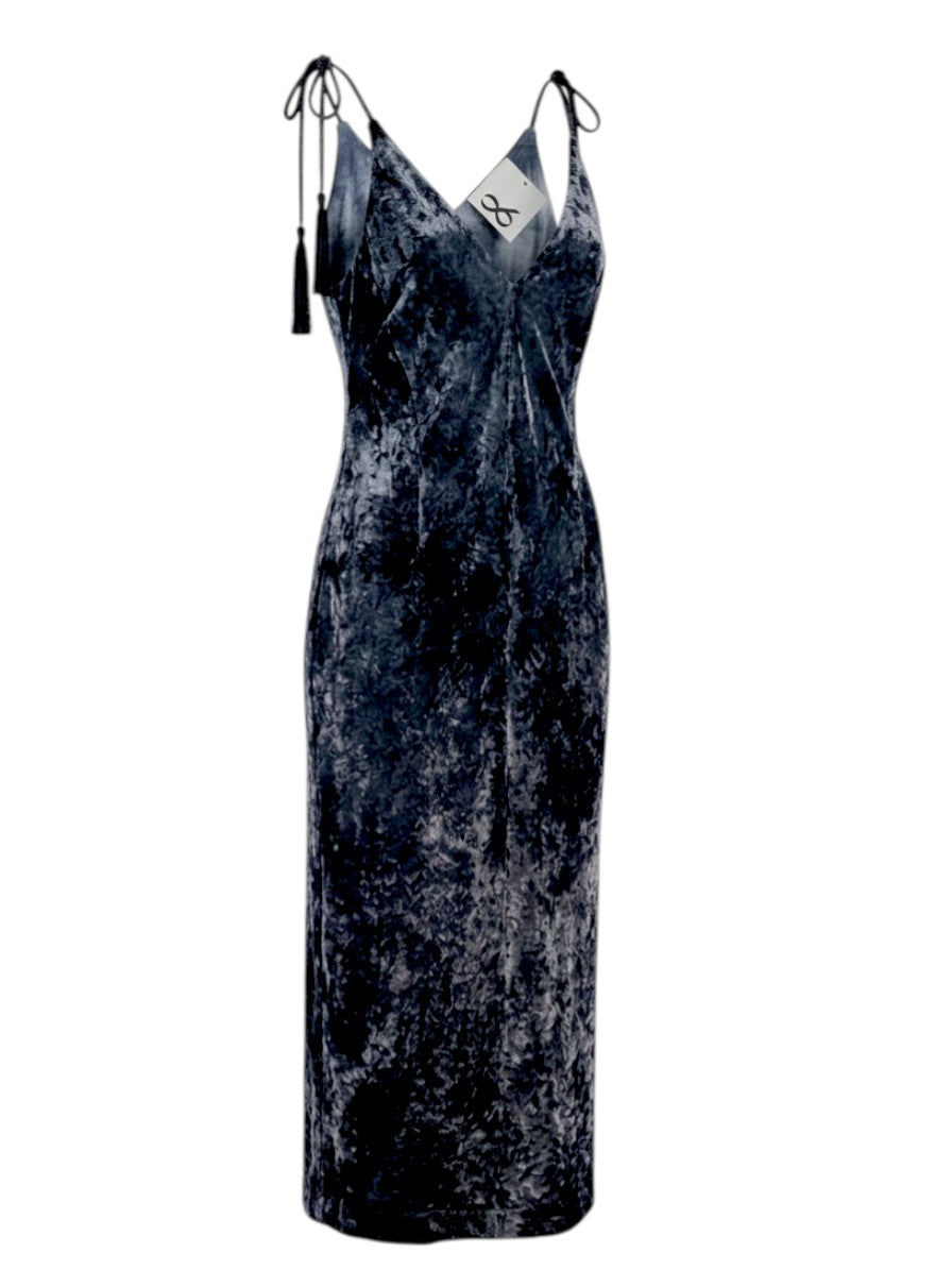 8PM Midi-Length Slip Dress Navy Blue Crushed Velvet Size M