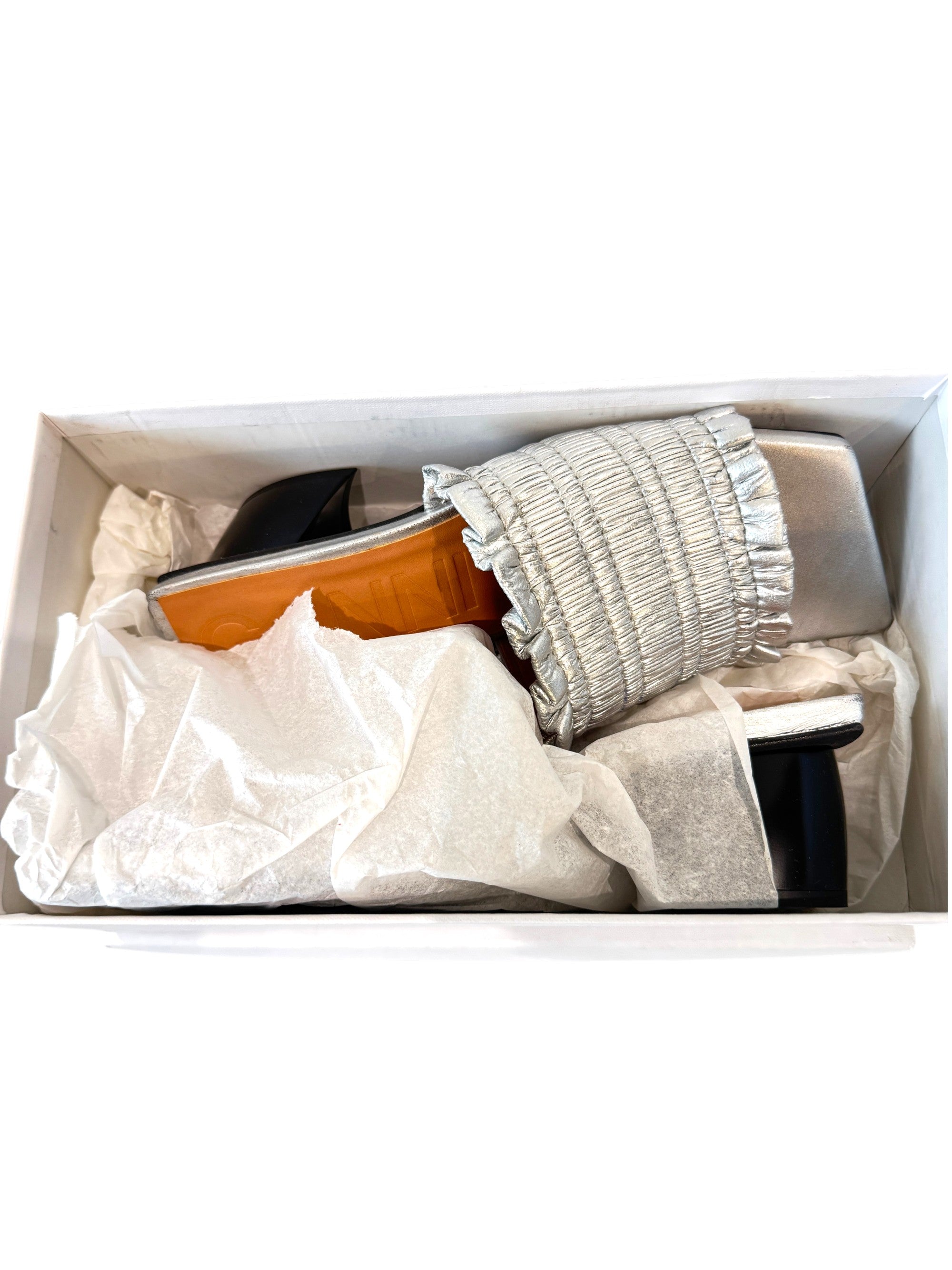 Ganni Shirred Metallic Mules Size 4 UK