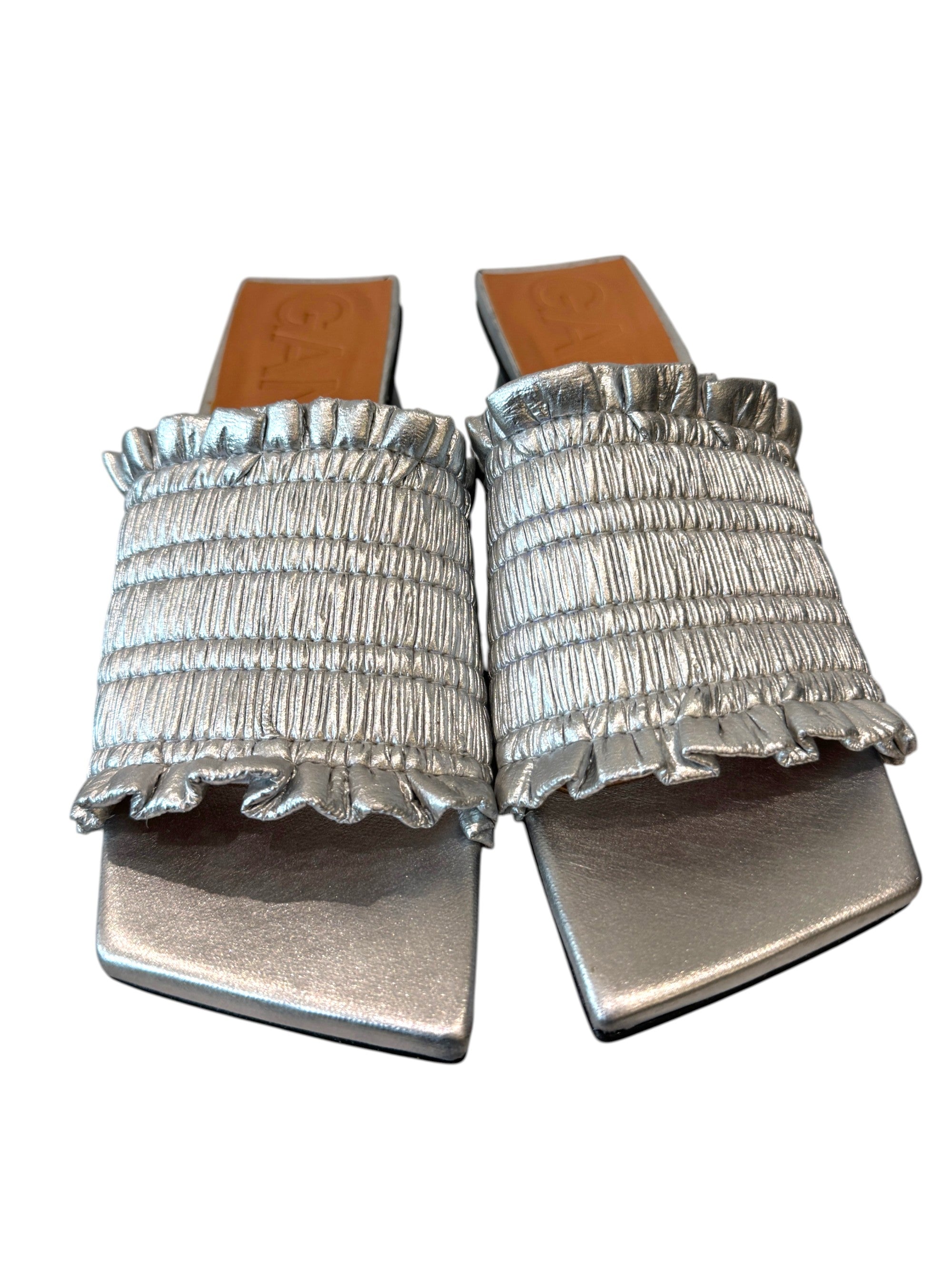 Ganni Shirred Metallic Mules Size 4 UK