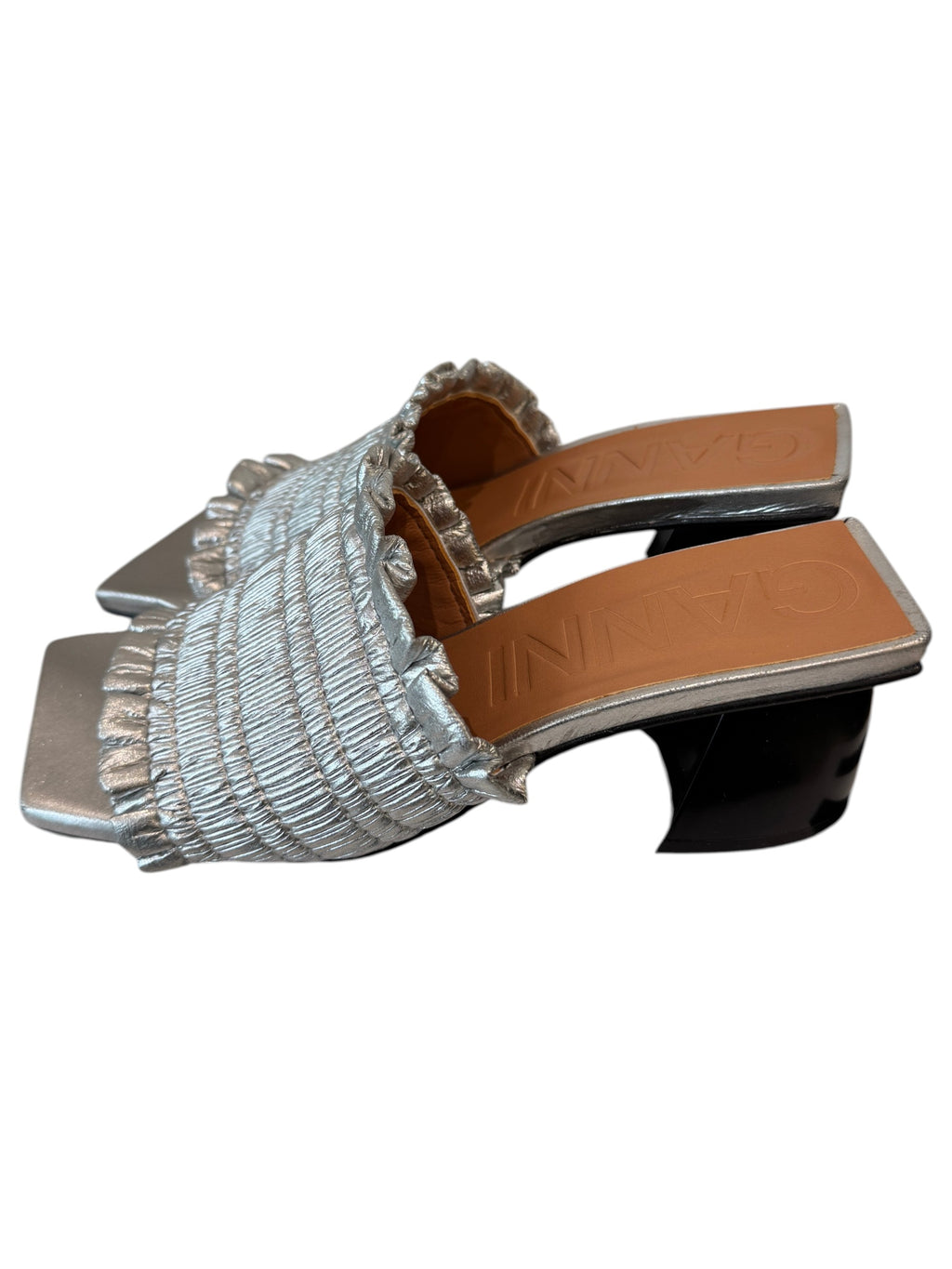 Ganni Shirred Metallic Mules Size 4 UK