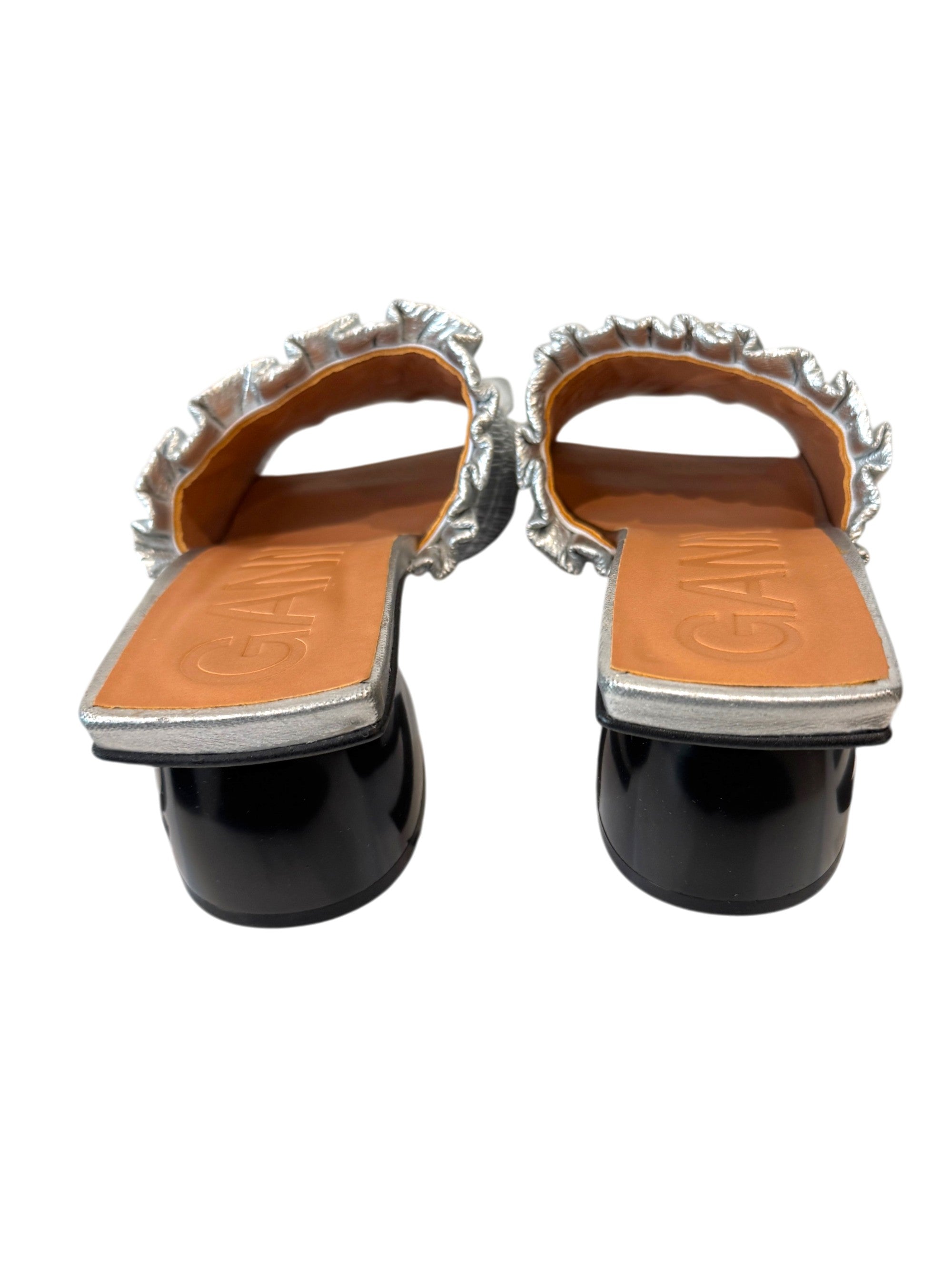 Ganni Shirred Metallic Mules Size 4 UK