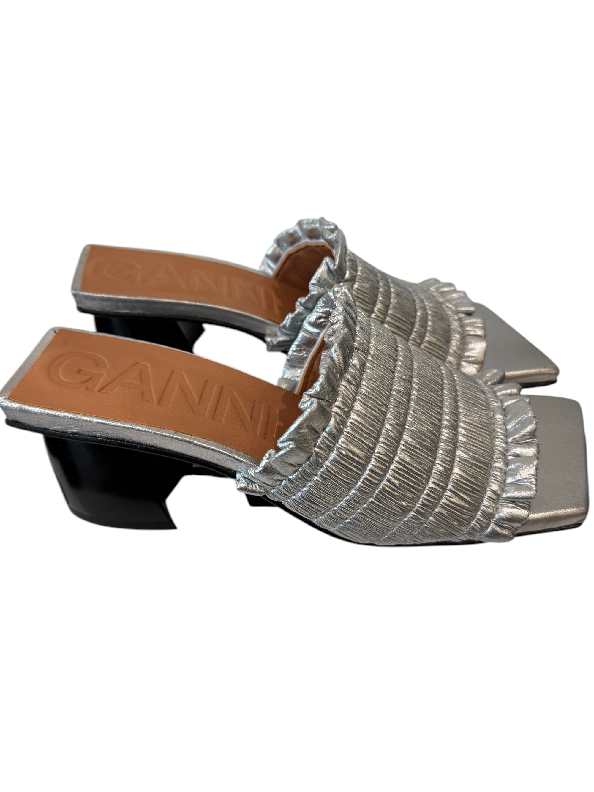 Ganni Shirred Metallic Mules Size 4 UK