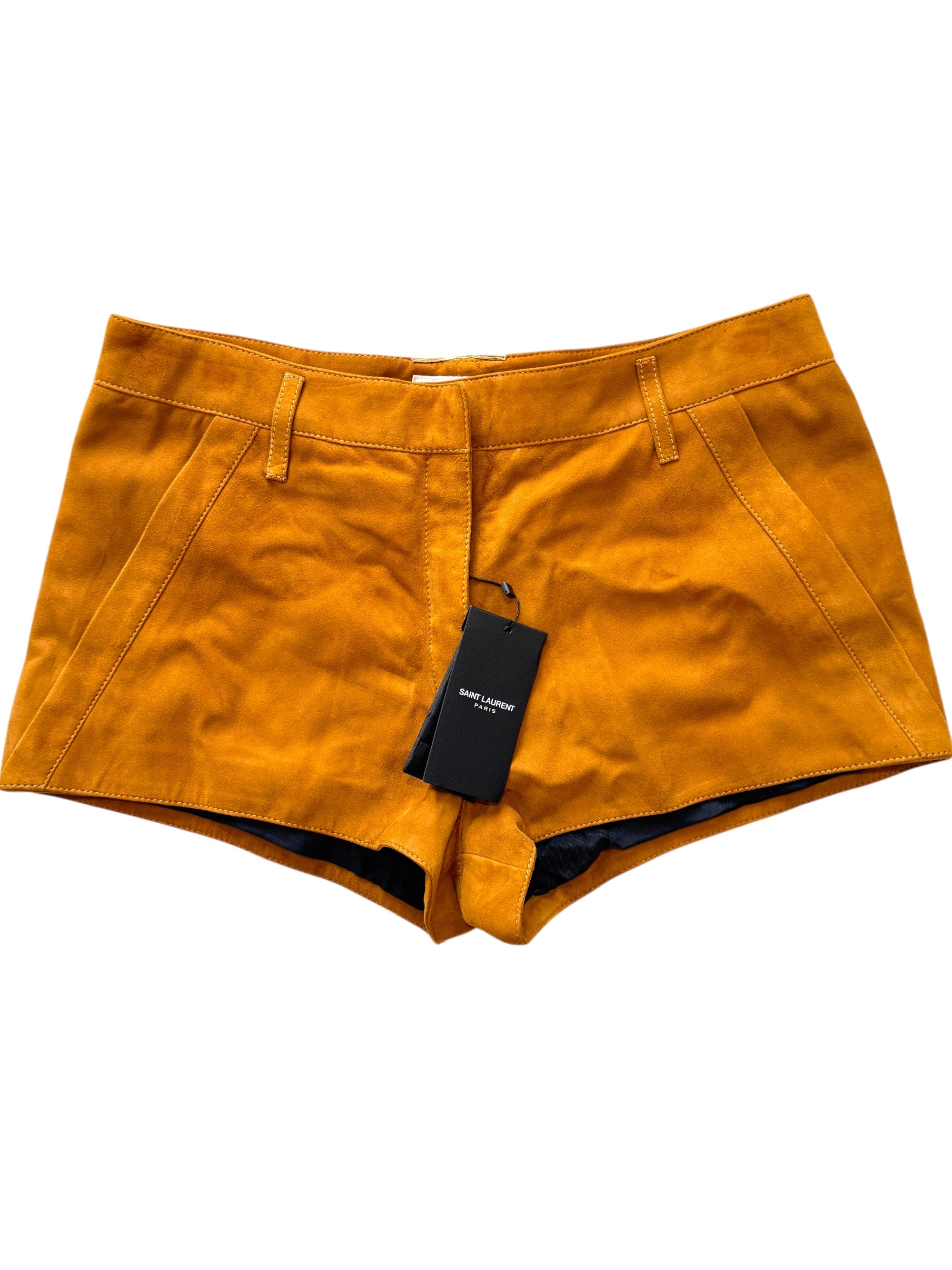 Saint Laurent Mini Micro Shorts Brown Suede Leather Size 10-12 UK