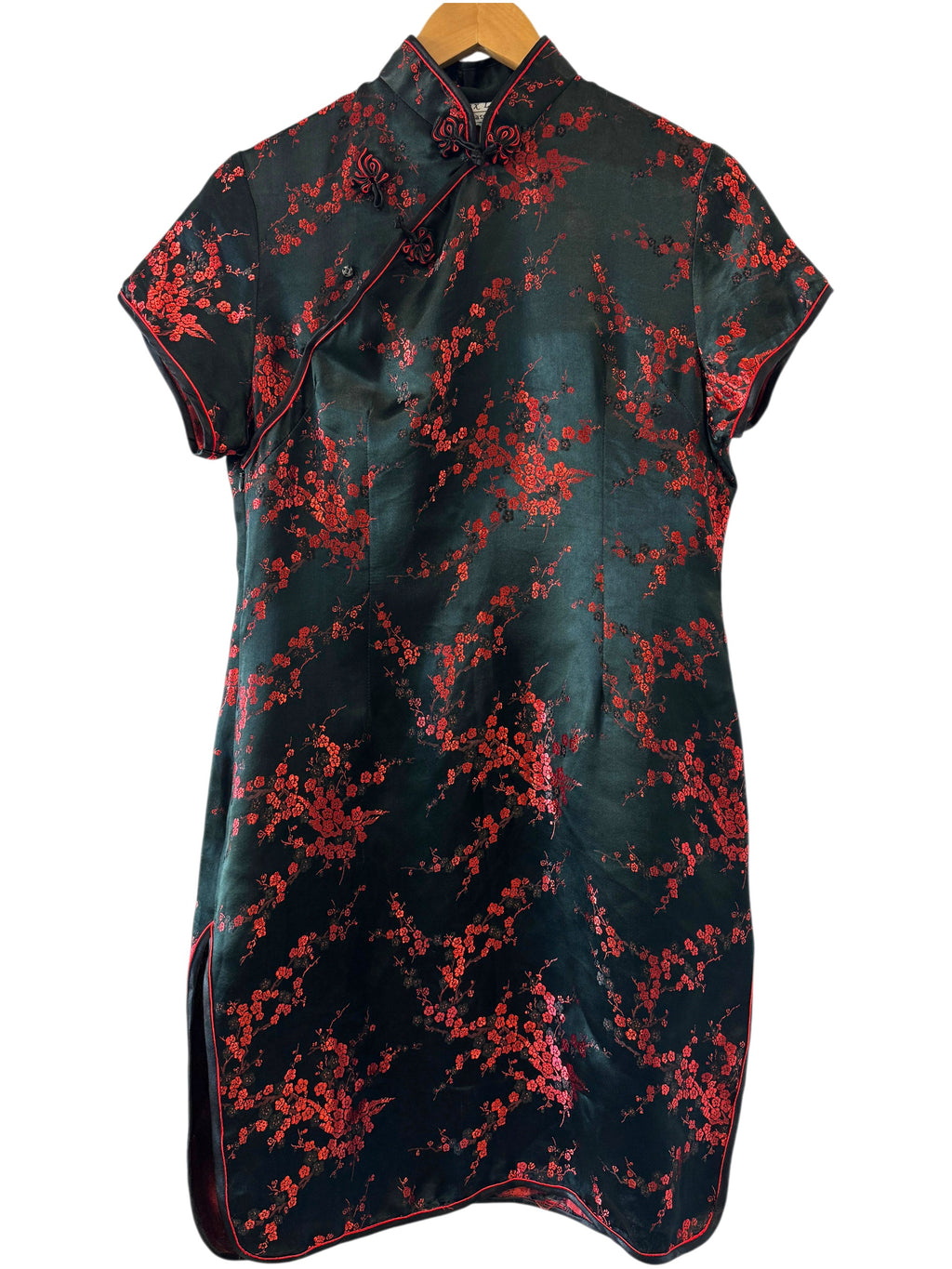 Vintage 100% Silk Mandarin Collar Qipao-Classic Black & Red Plum Blossom Cheongsam Size XL