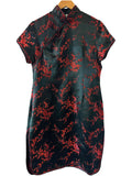 Vintage 100% Silk Mandarin Collar Qipao-Classic Black & Red Plum Blossom Cheongsam Size XL