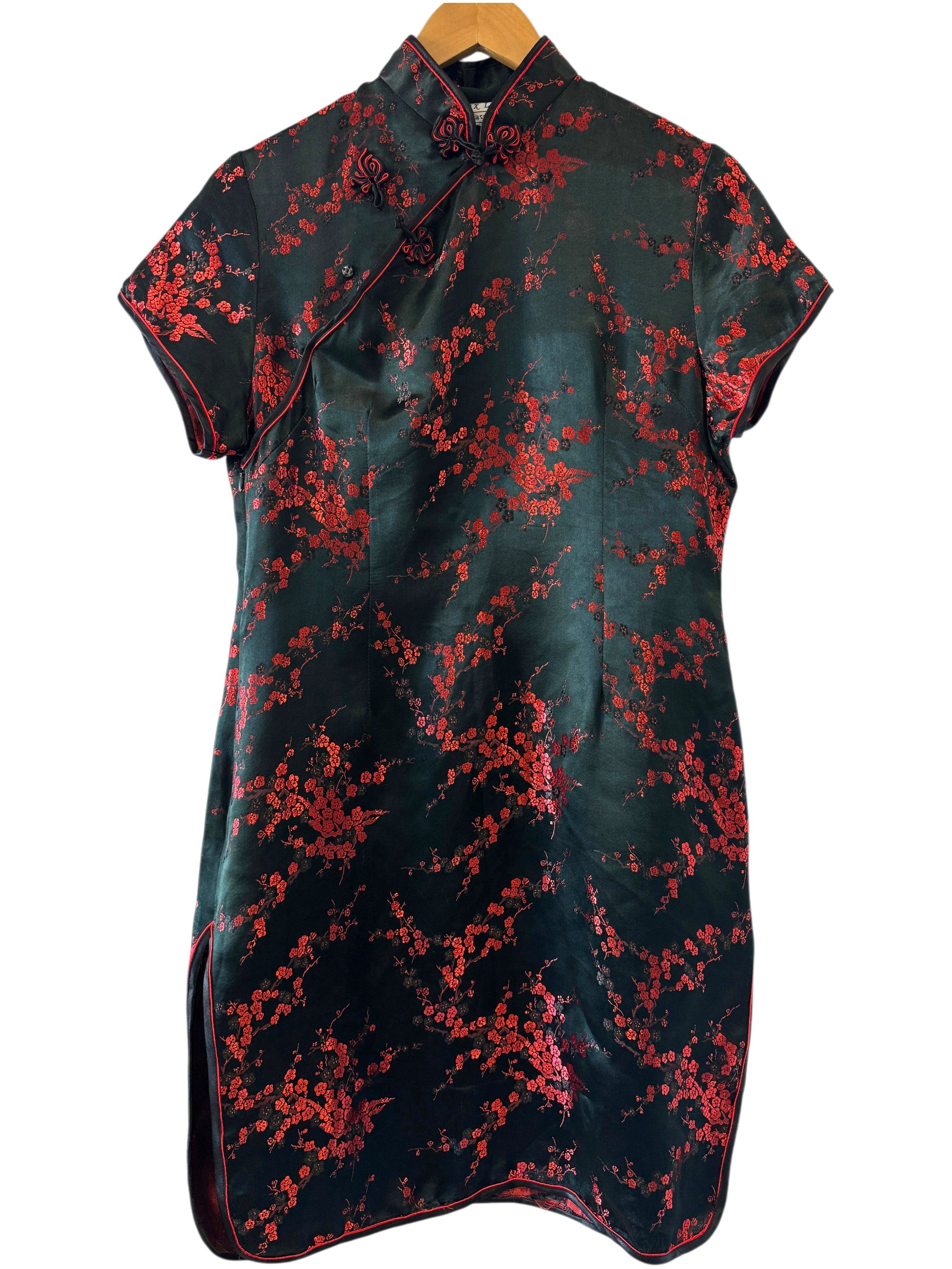 Vintage 100% Silk Mandarin Collar Qipao-Classic Black & Red Plum Blossom Cheongsam Size XL