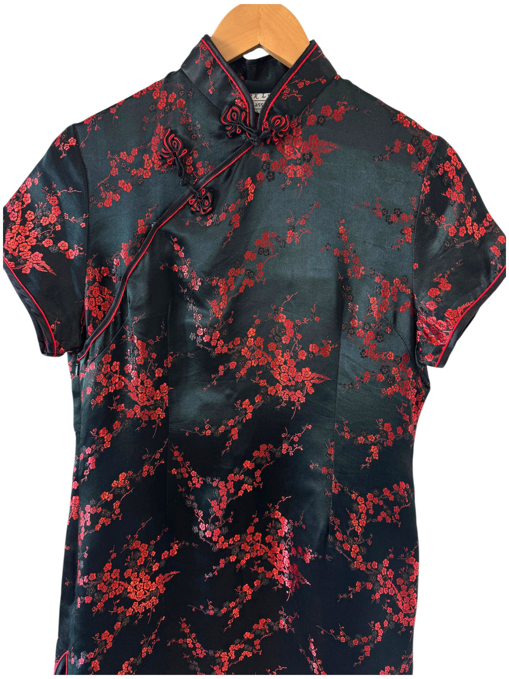 Vintage 100% Silk Mandarin Collar Qipao-Classic Black & Red Plum Blossom Cheongsam Size XL