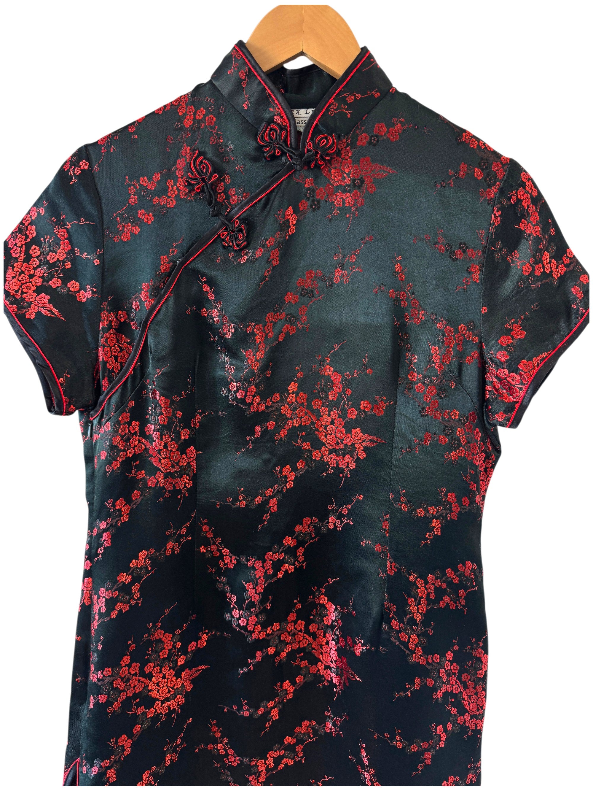 Vintage 100% Silk Mandarin Collar Qipao-Classic Black & Red Plum Blossom Cheongsam Size XL