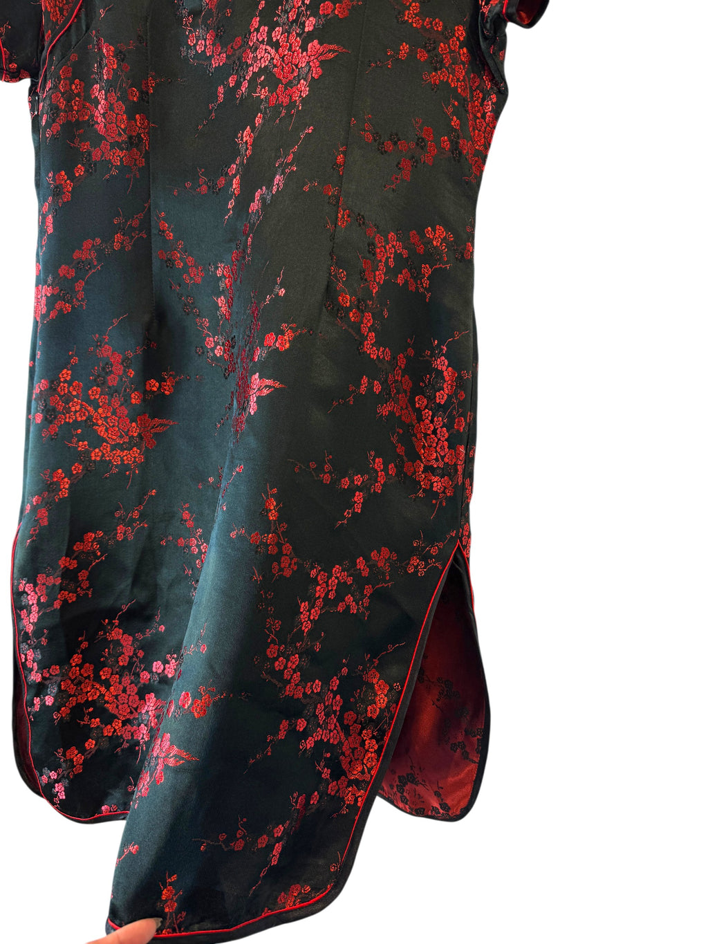 Vintage 100% Silk Mandarin Collar Qipao-Classic Black & Red Plum Blossom Cheongsam Size XL