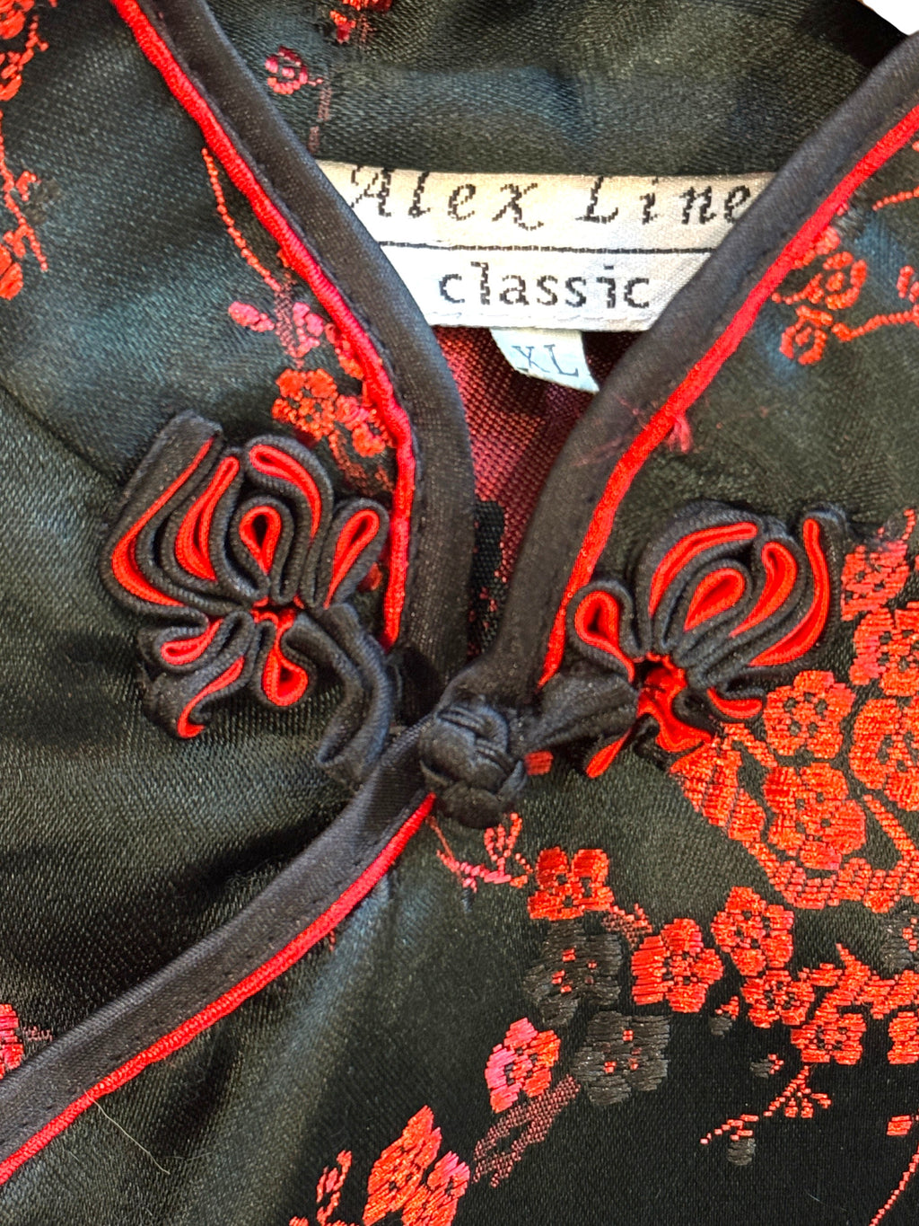 Vintage 100% Silk Mandarin Collar Qipao-Classic Black & Red Plum Blossom Cheongsam Size XL