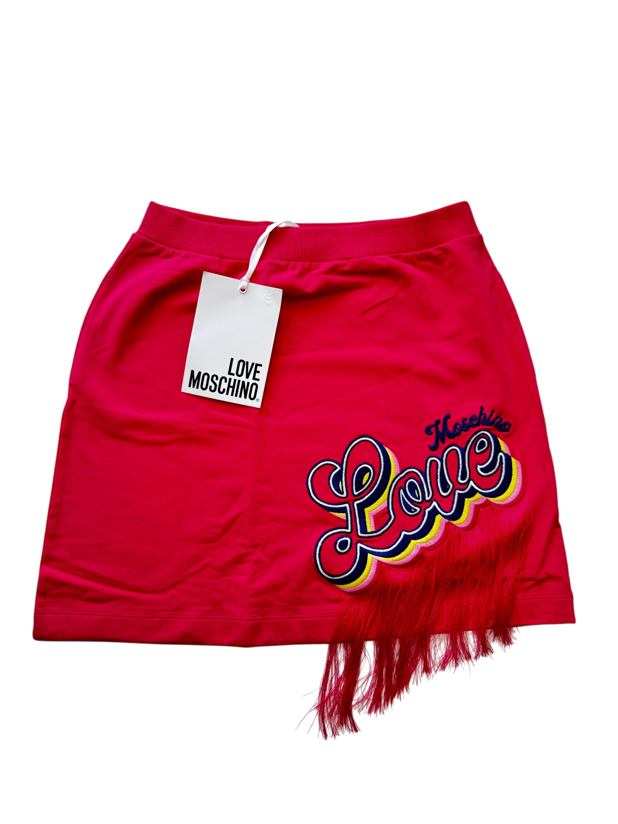 Love Moschino Fringed Logo Jersey Mini Skirt Size 12UK