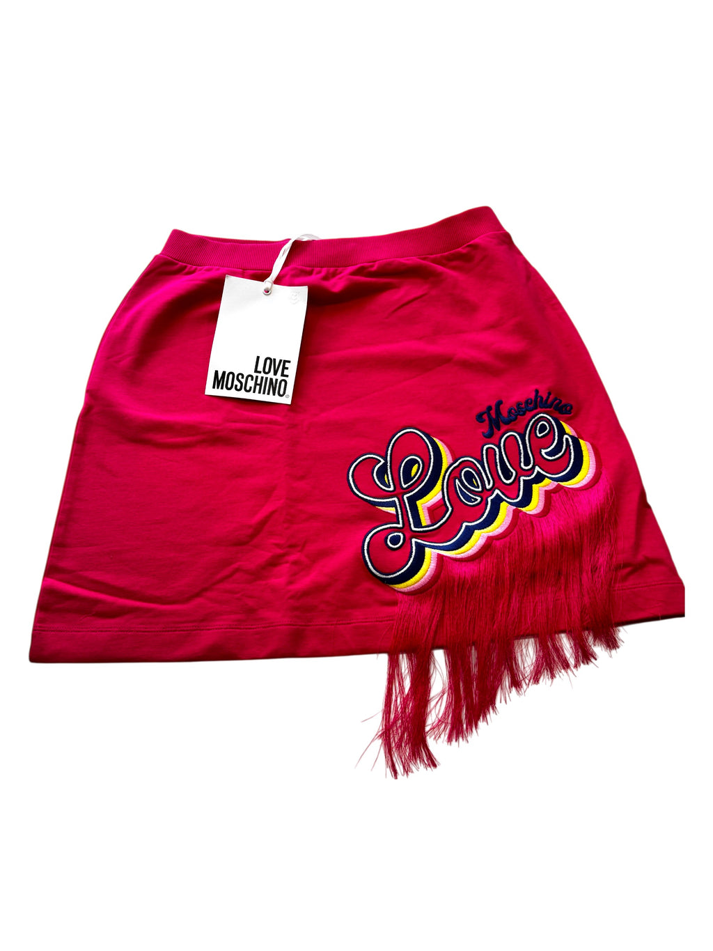 Love Moschino Fringed Logo Jersey Mini Skirt Size 12UK