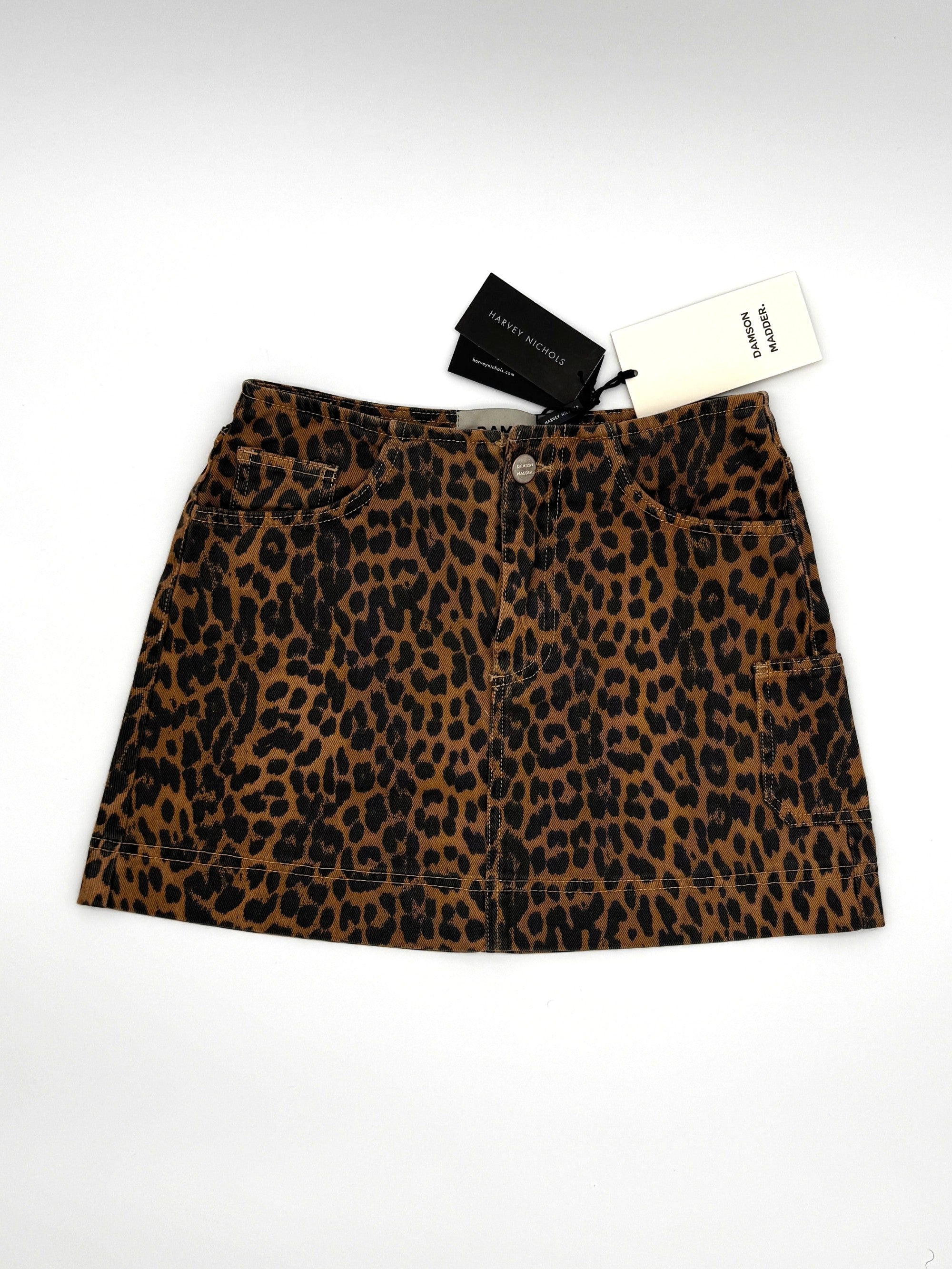 Damson Madder Lily Leopard Print Denim Mini Skirt Size 6 UK