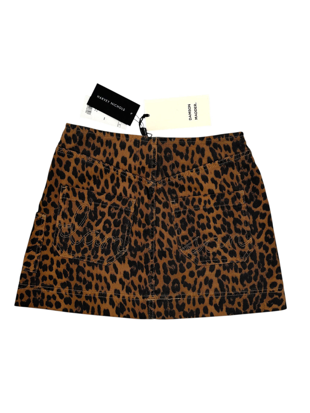Damson Madder Lily Leopard Print Denim Mini Skirt Size 6 UK