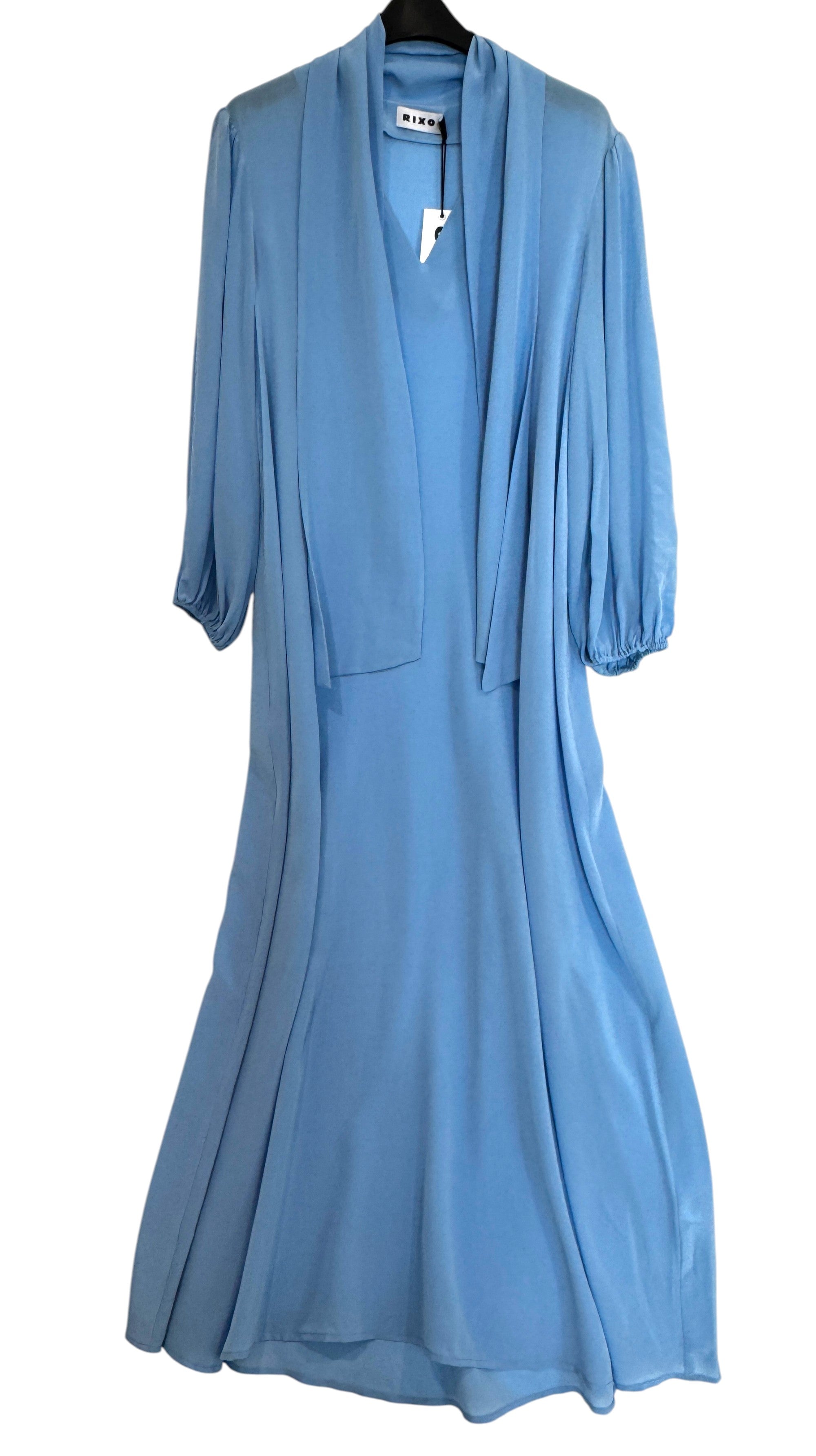 Rixo Silk Powder Blue Tie-Neck Midi Dress UK 8