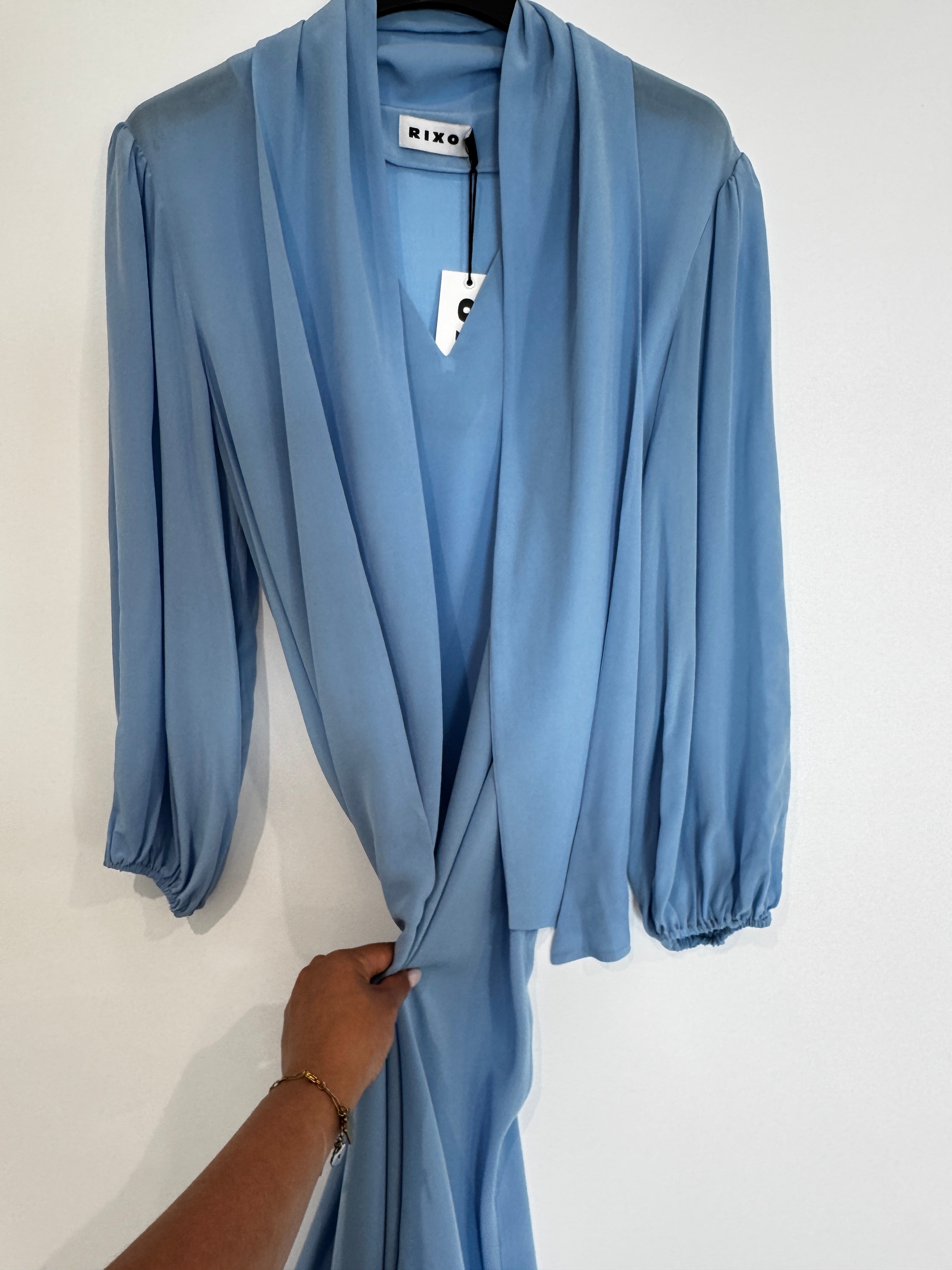 Rixo Silk Powder Blue Tie-Neck Midi Dress UK 8
