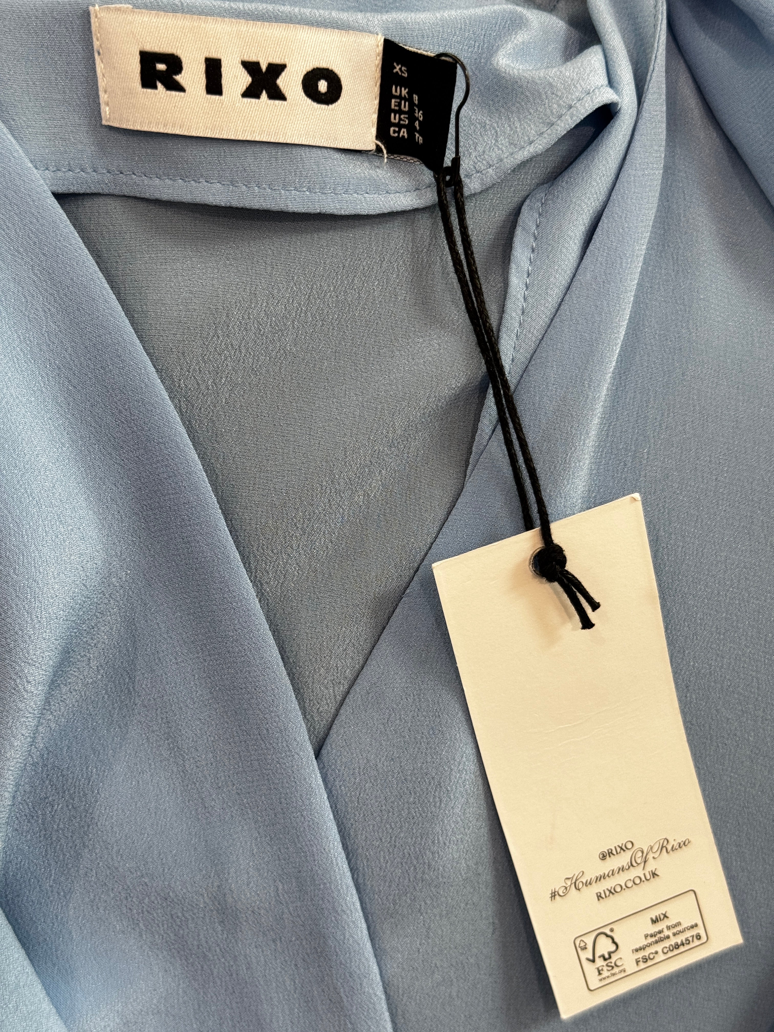Rixo Silk Powder Blue Tie-Neck Midi Dress UK 8