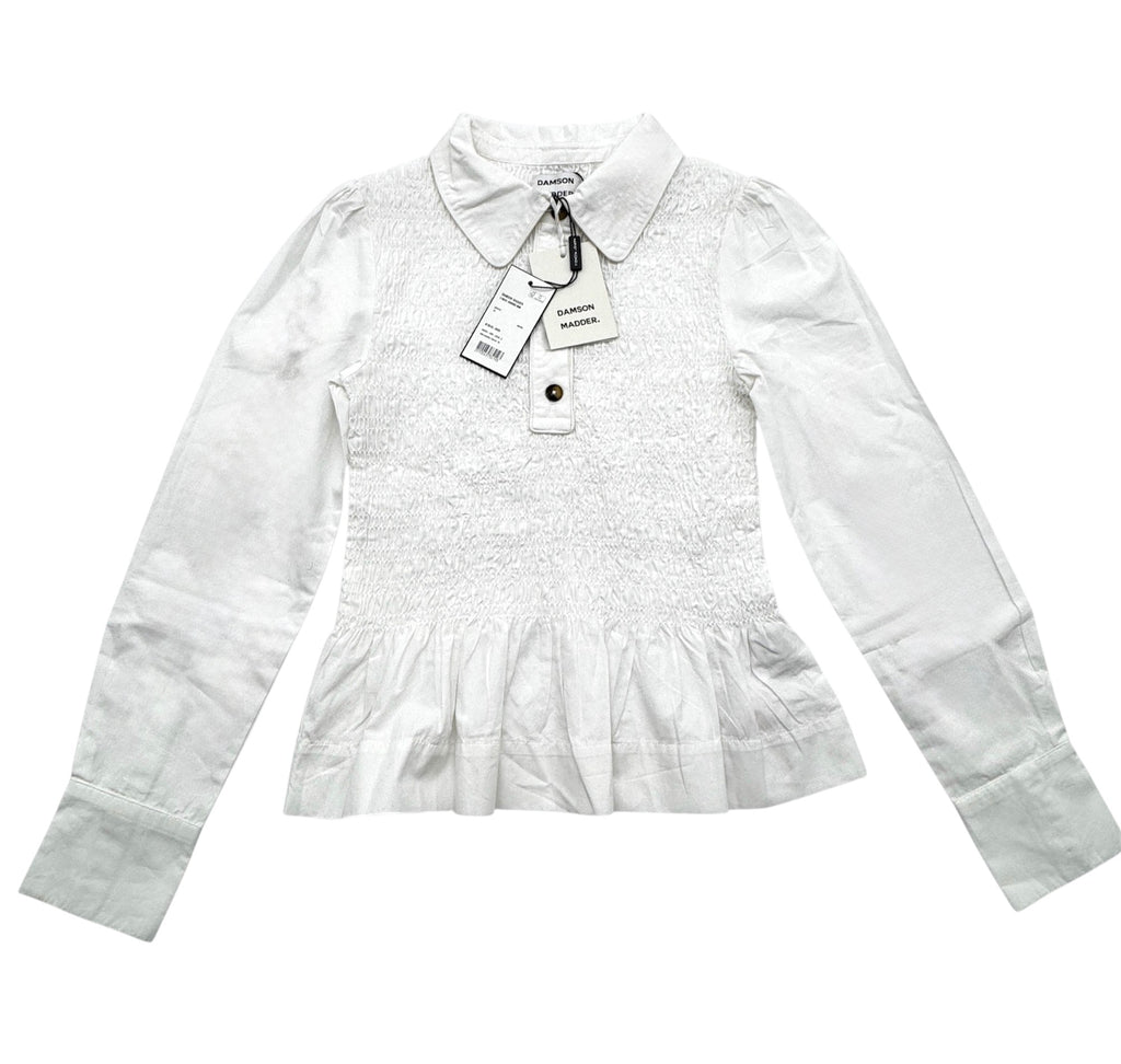 Damson Madder Hazel Smocked Cotton Shirt White Size 10UK
